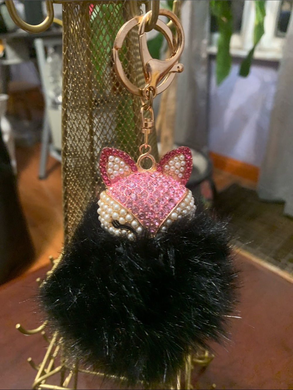 Pink-black Fox Pom-Pom Keychain Bag Charm -Gold Hardware